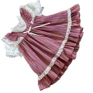 Deadstock NB 3M 6M Vintage Baby Girl Sears Dress Plaid Pink Lace Ruffles Puffed
